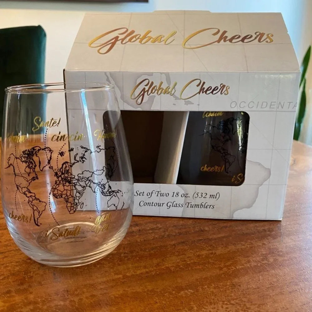 World Map "Global Cheers" Glass Tumblers 18oz (532ml) Set